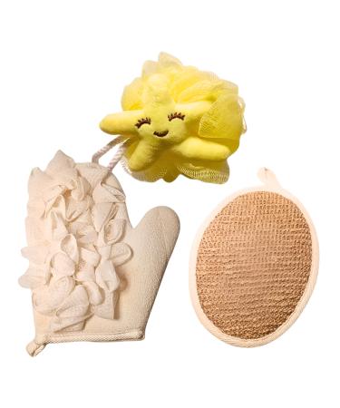 3x Bath Set: Shower Glove Exfoliating Pad and Bath Sponge. Complete Bath Kit for Cleaning and Exfoliating (White / Yellow) White/Yellow