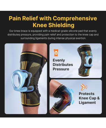 Fit Geno Knee Brace with Side Stabilizers | Breathable Knee Sleeve & Patella Gel Pad for Pain Relief | Ultimate Support for Meniscus Tear Arthritis ACL & PCL - Medium Black-Gold - Buy Online on GoSupps.com