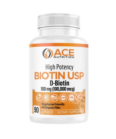 Ace Nutrition High Potency Biotin USP (D-Biotin 100 000mcg) - Superior Biotin Organic Rice Flour Vegetarian Capsules For Hair Skin & Myelin Health Made in the USA (100mg/90 Capsules)