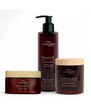 A La Maison Amber Collection Jasmine & Santal Starter Kit - Shower Oil + Body Scrub + Body Butter Gently Exfoliates & Softens Skin French Formula Plant-Based