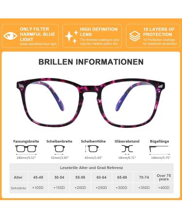 DOOViC Blue Light Filter Reading Glasses - Prescription Square Frame Large Lenses 024 in Purple Tortoiseshell 2.5x - Buy Online on GoSupps.com