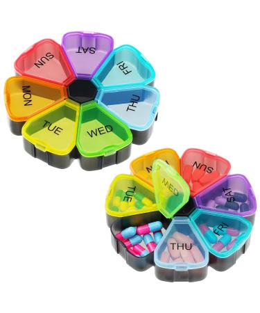 2 Pieces Weekly Pill Organizer Extra Large 7 Day Pill Case Petal Shaped Medicine Organizer Large Compartment Portable Daily Pill Container for Fish Oils, Supplements, Medication (Multicolor, Black)