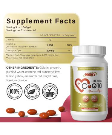 CoQ10 200mg Softgels with Vitamin E - Heart Health & Energy Booster Antioxidant Support - 60 High Absorption Nutritional Supplements - Buy Online on GoSupps.com