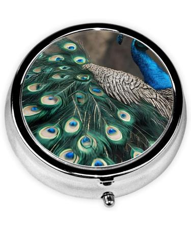 Green Peacock Feather Mini Round Pill Box | 3 Compartment Portable Pill Organizer for Travel & Home - Buy Online on GoSupps.com