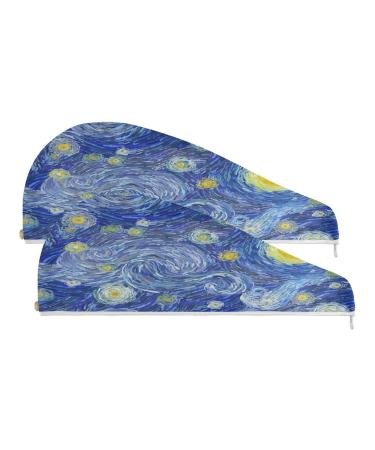 Glowing Moon and Starry Oil Painting Dry Hair Cap 2 Piece Quick Drying Towel Set with Button Headband Super Absorbent Soft & Comfortable