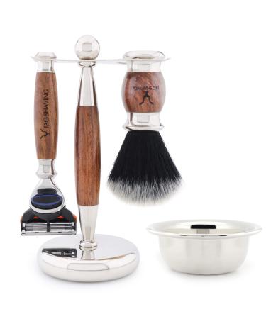 Jag Shaving Razor Set - Jag's Lee Range 4 -part shaving set - Black synthetic hair Weißspitz shaving brush - 5 shaving blades shaving racks made of stainless steel and wood - shaving bowl - wood set