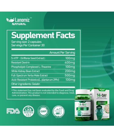 Lanomiz 14DAY Appetite & Craving Control Gut Health Complex Featuring Delayed-Release Probiotics & White Kidney Bean Extract 5-HTP(5-hydroxytryptophan) 60 Vegetarian Capsules - Buy Online on GoSupps.com