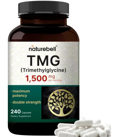 NatureBell TMG Supplements 1,500mg 240 Capsules | Max Strength Betaine Anhydrous Trimethylglycine Supports Healthy Homocysteine Balance Heart & Liver Health Non-GMO Gluten Free TMG 240 Count (Pack of 1)