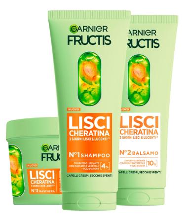 Garnier Garnier Fructis Keratin Sleek Set with Shampoo 200 ml + Mask 370 ml + Conditioner 200 ml Smoothing Treatment with Vegetable Keratin and Argan Oil for Frizzy and Dry Hair - Pack of 3