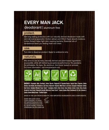 Every Man Jack Sandalwood Natural Deodorant Twin Pack - 3oz x 2 Sticks | Aluminum-Free, Paraben-Free, Phthalate-Free, Dye-Free | Certified Cruelty-Free Formula - Buy Online on GoSupps.com