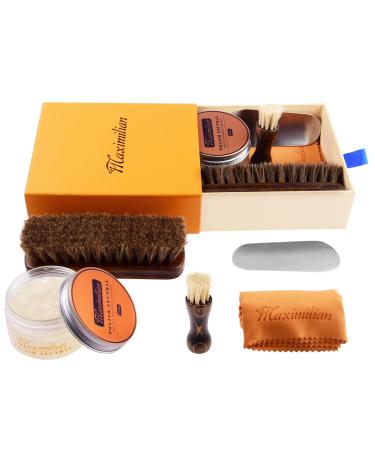 MAXIMILIAN Shoe Polish Kit Shoe Shine kit With Black Polish and Neutral Polish 2 Polish Applicator Brush Soft Horsehair Brush Shoehorn Cloth M Yellow