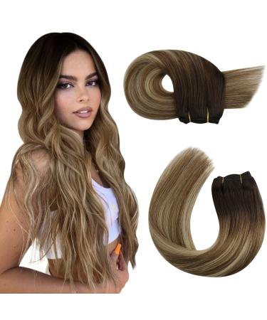 Real hair to sew 45 cm hair extension hair brown to light brown with blond 100 remy real hair weave extensions tress real hair 100g/pack color #3/8/22