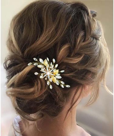 Zoestar Flower Wedding Hiar Comb Slides Gold Crystal Pearl Headpiece Rhinestone Bridal Leaf Hair Accessories for Women and Girls - Buy Online on GoSupps.com