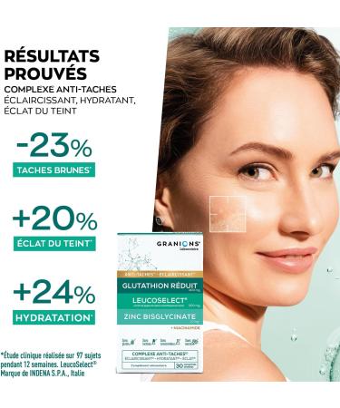 GRANIONS - COMPLEXE ANTI TACHE VISAGE Glutathion Vitamine C Zinc bisglycinate Selenium Niacinamide - clat Uniformit du Teint claircissant Hydratant Visage - Fabriqu en France - 1 MOIS - Buy Online on GoSupps.com