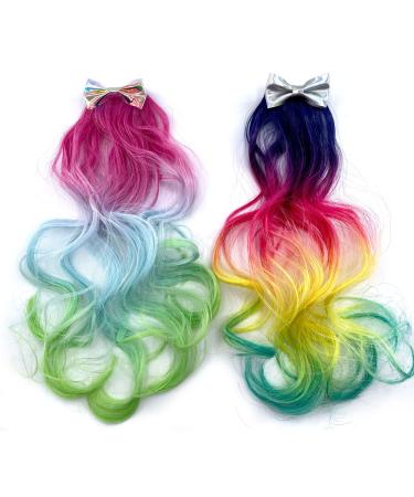 Rainbow Ombre Curly Hair Extensions for Kids - 2 Pack Ponytail Barrettes - Buy Online on GoSupps.com