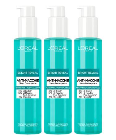 L'Oreal Paris L'Or al Paris Bright Reveal Cleansing Face Serum Anti-Imperfection Anti-Dark Spot Reduces Blemishes Illuminating Action Exfoliating with Niacinamide and Salicylic Acid - 3 x 150ml Bottles