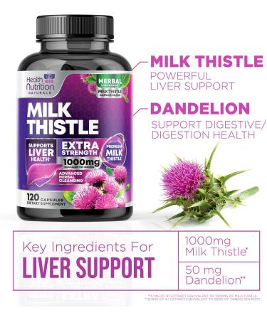 Milk Thistle Supplement - 9:1 Strength Liver Health Support with Dandelion Root & Silymarin Marianum Liver Cleanse Detox & Repair 1000mg Equivalent - Nature's Milk Thistle Extract - 120 Capsules 120 Count (Pack of 1) - Buy Online on GoSupps.com