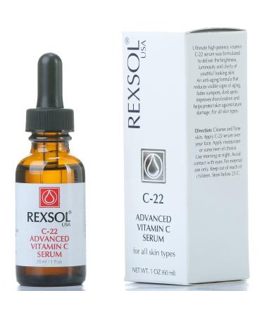 REXSOL 22% ADVANCED VITAMIN C SERUM With Hyaluronic Acid Ferulic Acid Rosemary & Vitamin E Best Anti-Aging Formulation Reduce Visible Signs of Aging Dark Spots (30 ml / 1 fl oz)