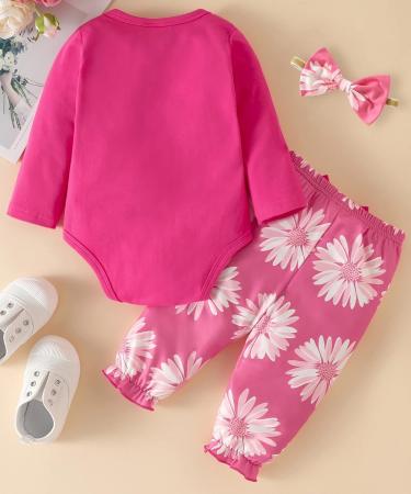 Koonde Baby Girl 3-Piece Outfit Set - Romper, Trouser & Headband | Newborn to 24 Months | Bright Pink | 0-3 Months - Buy Online on GoSupps.com