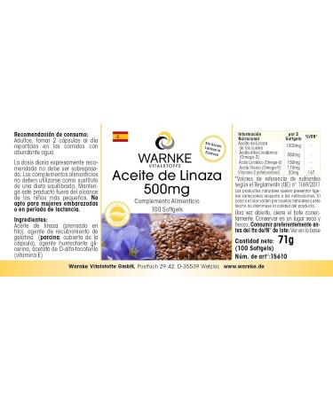 Organic Linseed Oil Softgels - 58% Alpha Linolenic Acid - 500mg Omega-3 Fatty Acid - Cold Pressed - 100 Softgels - Warnke Vitalstoffe - Buy Online on GoSupps.com