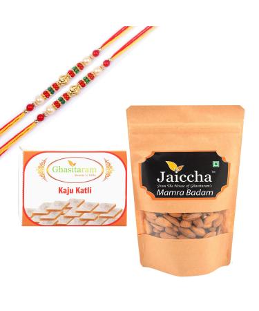 Ghasitaram Gifts Rakhi Gifts for Brothers Rakhi Sweets - Best of 2 Kaju Katlis and Mamra Almonds with 2 Pearl Beads Rakhis Best of 2 Kaju Katlis and Mamra Almonds Rakhi