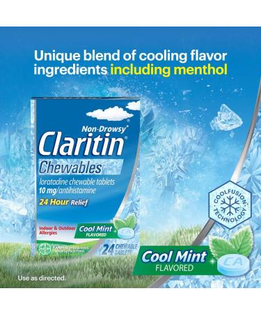 Claritin 24 Hour Chewable Cool Mint Flavored Tablets - 24 Count Pack - Non-Drowsy Allergy Relief Medicine with Loratadine Antihistamine - Buy Online on GoSupps.com