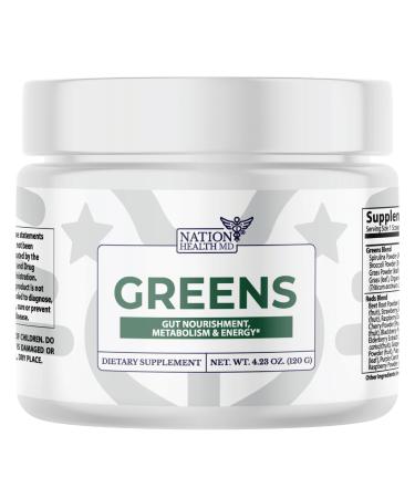 NATION HEALTH MD Greens - Organic Super Greens Powder Superfood - Daily Green Vegetable & Fruit Supplements - with Probiotics Spirulina Turmeric Metabolic Blend & More - Vegan Non-GMO - 4.13 Oz