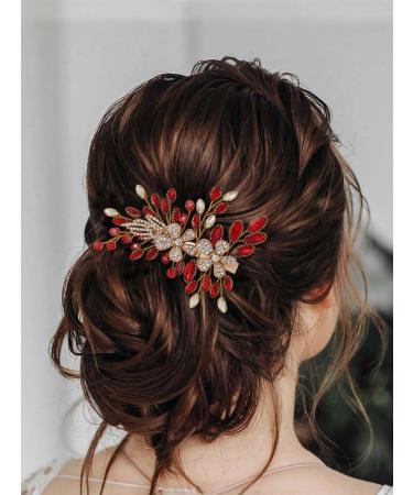 IYOU Crstal Wedding Hair Clip Flower Red Barrette Headpiece Rhinestone Hair Combs Prom Bridal Hair Accessories for Women - Buy Online on GoSupps.com