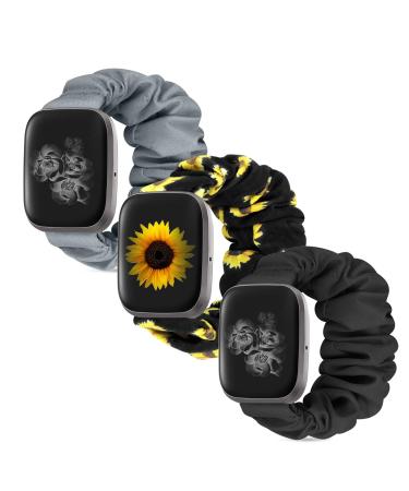 Compatible with Fitbit Versa 2 Bands for Versa/ Versa 2/ Versa Lite Edition for Women, Scrunchie Watch Bands Elastic Wristbands Replacement Bands for Fitbit Versa (R Black Grey Sunflower M) R-Black+Grey+Sunflower Medium