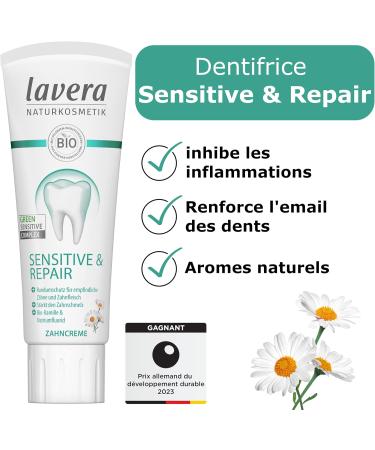 lavera Sensitive & Repair Toothpaste - organic chamomile & sodium fluoride - strengthens tooth enamel - anti-inflammatory - protection & repair - natural cosmetics - vegan - organic (1 x 75 ml) - Buy Online on GoSupps.com