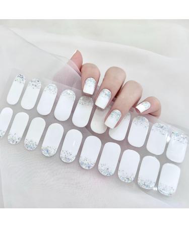 Semi Cured Gel Nail Wraps 22PCS White Glitter Gel Nail Polish Strips Soft Self-Adhesive Gel Nail Stickers Salon-Quality Manicure Set Long Lasting Nail Gel Polish Strips UV/LED Lamp Required