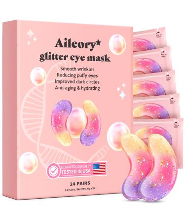 Under Eye Patches (24 Pairs)-New Tri-color Glitter Eye Gel Pads for Dark Circles Puffy Eyes Under eye Bags Wrinkles|Natural Collagen Under Eye Mask Patches for Women Teen 24 Count (Pack of 1)