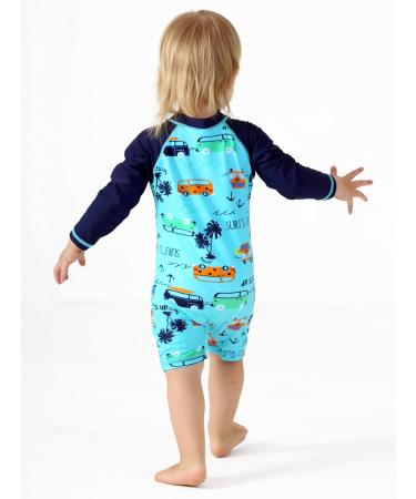 HUAANIUE Baby Boys Swimsuit with Zip Rash Guard and Sun Protection UPF 50+ | Short Sleeve One Piece Swimwear with Hat | 0-6 Months to 4 Years | Car Print Design - Buy Online on GoSupps.com
