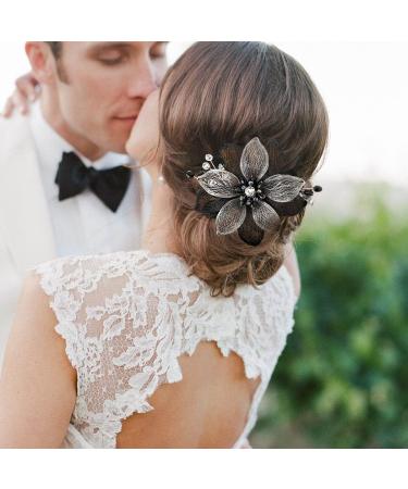 Campsis Flower Bridal Hair Barrette with Black Rhinestones - Handmade Crystal Hair Clip for Wedding, Prom, Bridesmaids - Buy Online on GoSupps.com