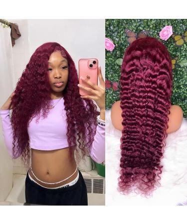BeautyGrace 26Inch Burgundy Human Hair Lace Front Wig - Brazilian Virgin Deep Wave 99J Red Color | 13x4 Frontal Wig 26 Inch - Buy Online on GoSupps.com