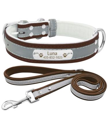 Senristar personalized reflective dog collar and leash set custom engraved warm food dog tape with name tag for small medium large dogs & cats XL (width 3.0 cm neck circumference 45-55 cm) brown set