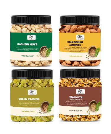 Hungry Harvest Combo Pack of Cashew Nut California Almonds Green Raisins and Walnuts Giri Dry Fruits 250 gms Each Total 1 kg_Packing May Vary