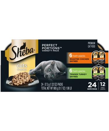 Sheba Perfect Portions Cuts in Gravy Wet Cat Food Tray Variety Packs Chicken, Turkey 2.6 Ounce (Pack of 12)