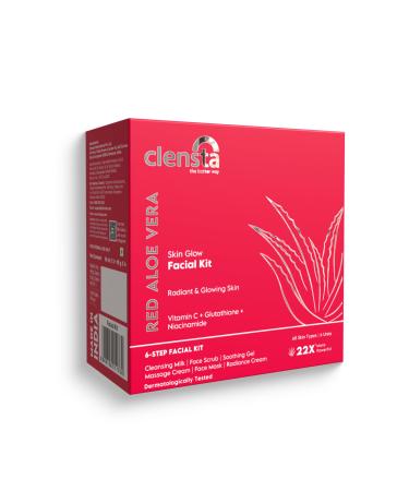 Clensta Red Aloe Vera Skin Glow 6 Steps Facial Kit - Single Use | with Vitamin C & Niacinamide | Reduces Dark Spots | Gives Skin Radiant Glow | 2.12 Oz/60g