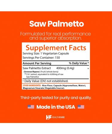 Healthfare Saw Palmetto for Men & Women | Extract 4000mg | 150 Vegan Capsules | Extra Strength Herbal Supplement | Supports Prostate Urinary Hair & DHT Balance | Non-GMO Gluten-Free | Made in USA 150 Count (Pack of 1) - Buy Online on GoSupps.com