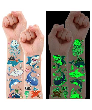 Partywind 130 Styles Luminous Shark Temporary Tattoos for Kids, Glow Shark Birthday Decorations Party Favors Supplies for Boys and Girls, Ocean Under Sea Fake Tattoo Stickers Gifts (10 Sheets)