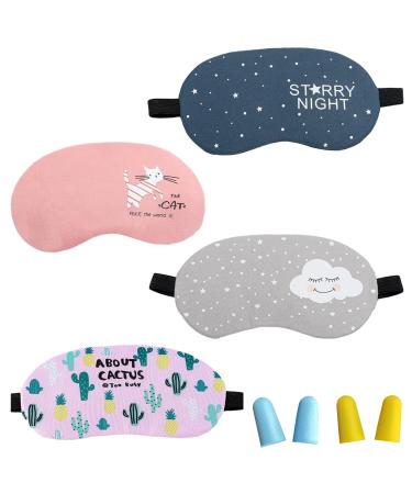 Sleep Mask 4 Pack Soft Cactus Cat Sleep Eye Mask Cotton Synthetic Starry Night Blindfold Cloudy Eyeshade Eye Cover for Men and Women Sweet Sleep Companion Mixed Colors (Cozy)