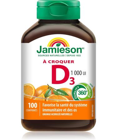 Jamieson Melatonin 5 mg Extra Strength - Chocolate Mint Flavour Fast Dissolving Tablets 100 Count (Pack of 1) & Chewable Vitamin D3 1 000 IU - Natural Tangy Orange 100 Count (Pack of 1) - Buy Online on GoSupps.com