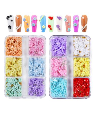 2Boxes 6 Grids 3D Colorful Flower Nail Charms- 3D Nail Flowers Rhinestone with White Pearl &Gold Silver Caviar Beads Mixed DIY Nail Decorations for Acrylic Cherry Blossom Nail Art Design Supplies