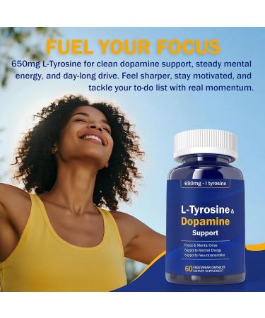 Happy Saffron Plus Dopamine Brain Food - 650 mg L-Tyrosine Supplement - Dopamine Support for Focus & Mental Drive - Supports Mental Energy & Neurotransmitter Function with B Vitamins - 60 Capsules - Buy Online on GoSupps.com