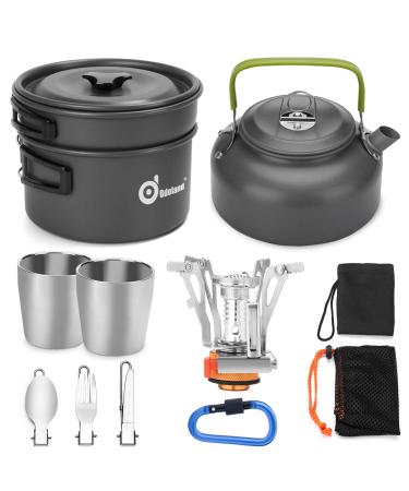 Odoland 12pcs Camping Cookware Mess Kit with Mini Stove Lightweight Pot Pan Kettle with 2 Cups Fork Spoon Kit for Backpacking Outdoor Camping Hiking and Picnic