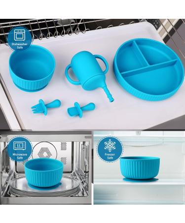 Baby Feeding Set - Silicone Bib, Suction Divided Bowl, Spoon, Fork - Toddler Utensils for Baby Led Weaning - Blue (6 Months) - Buy Online on GoSupps.com