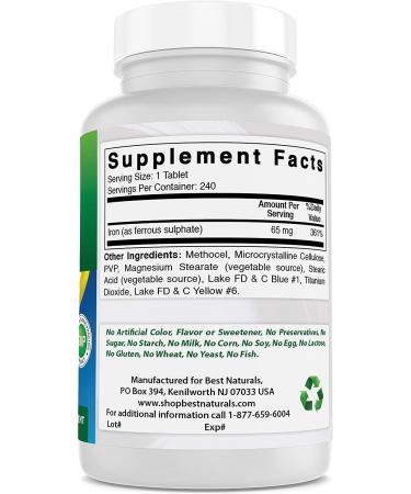 Best Naturals Iron Supplement 65mg - 240 Tablets | Non-GMO & Gluten Free - Buy Online on GoSupps.com