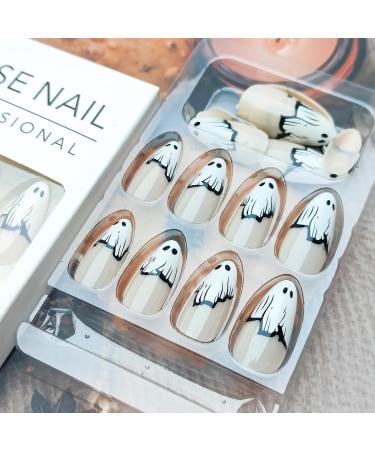 Halloween Press on Nails - Medium Almond Ghost Design | Cute Glue-on Acrylic Nails for Women & Girls | 24Pcs Full Cover French Tips - Buy Online on GoSupps.com