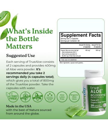 NatureCity True-Aloe 80 000mg Aloe Vera Gel Equivalent Per Serving Made with Organic Aloe Vera (360 Capsules) Digestive Skin and Joint Support|Small Easy-to-Swallow Pills - Buy Online on GoSupps.com